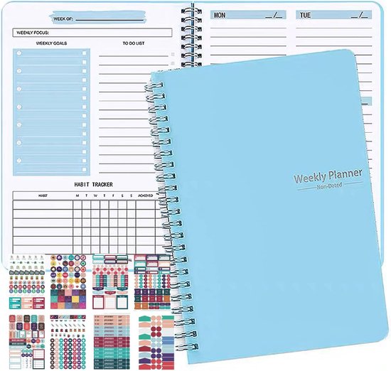 Ongedateerde weekplanner - A5 to Do List notitieboek met gewoonte-tracker, zak, extra contact, notitiepagina's, spiraalgebonden, wekelijkse agenda per pagina, 52 weken organisator