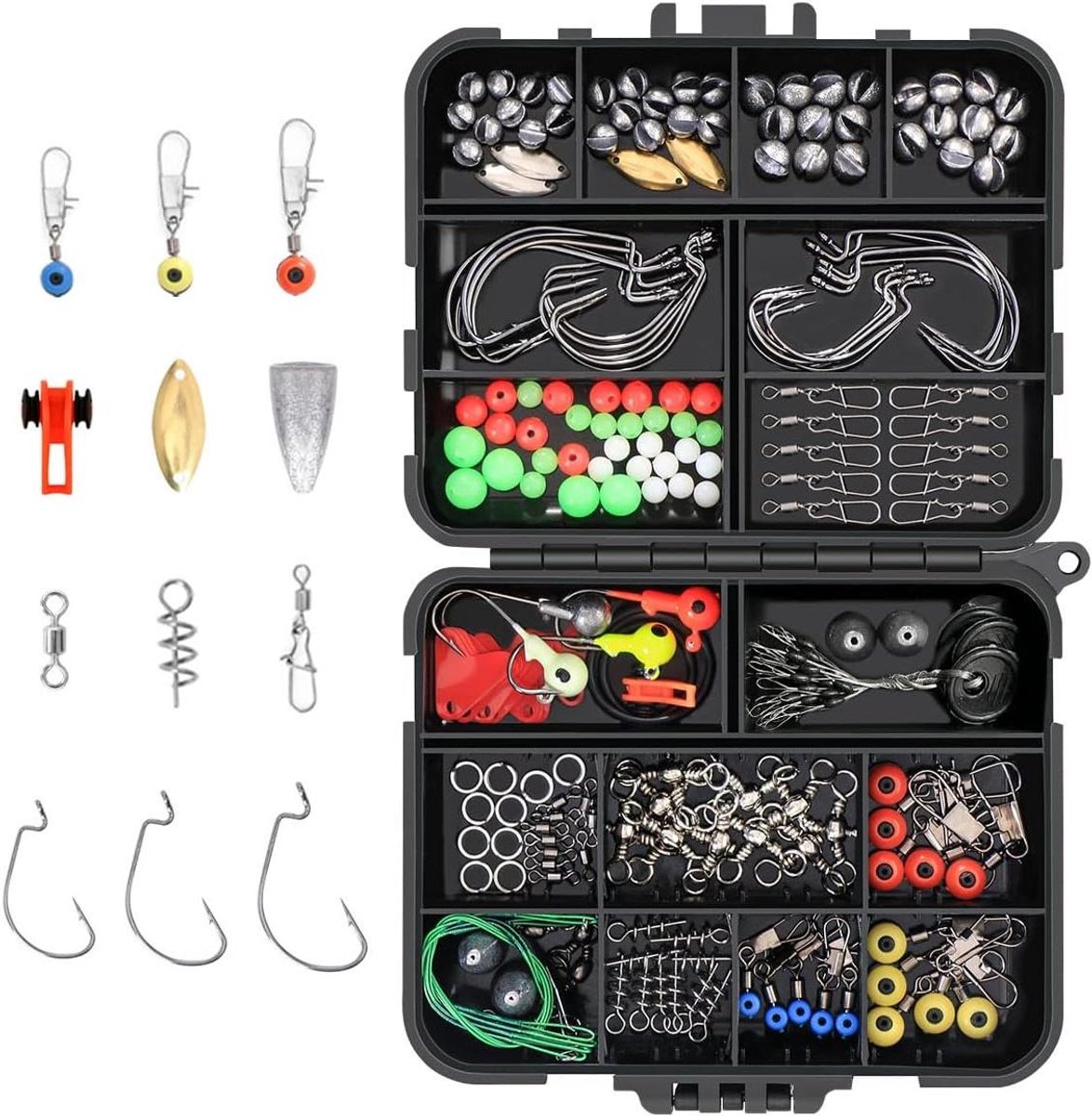 Allecto Plus - Complete set vishaken en hengelaccessoires - Bass fishing kit met 191 stuks - Jighaken, bullet gewichten, vissen wervels, vislijn, kralen - Voor verschillende vissoorten