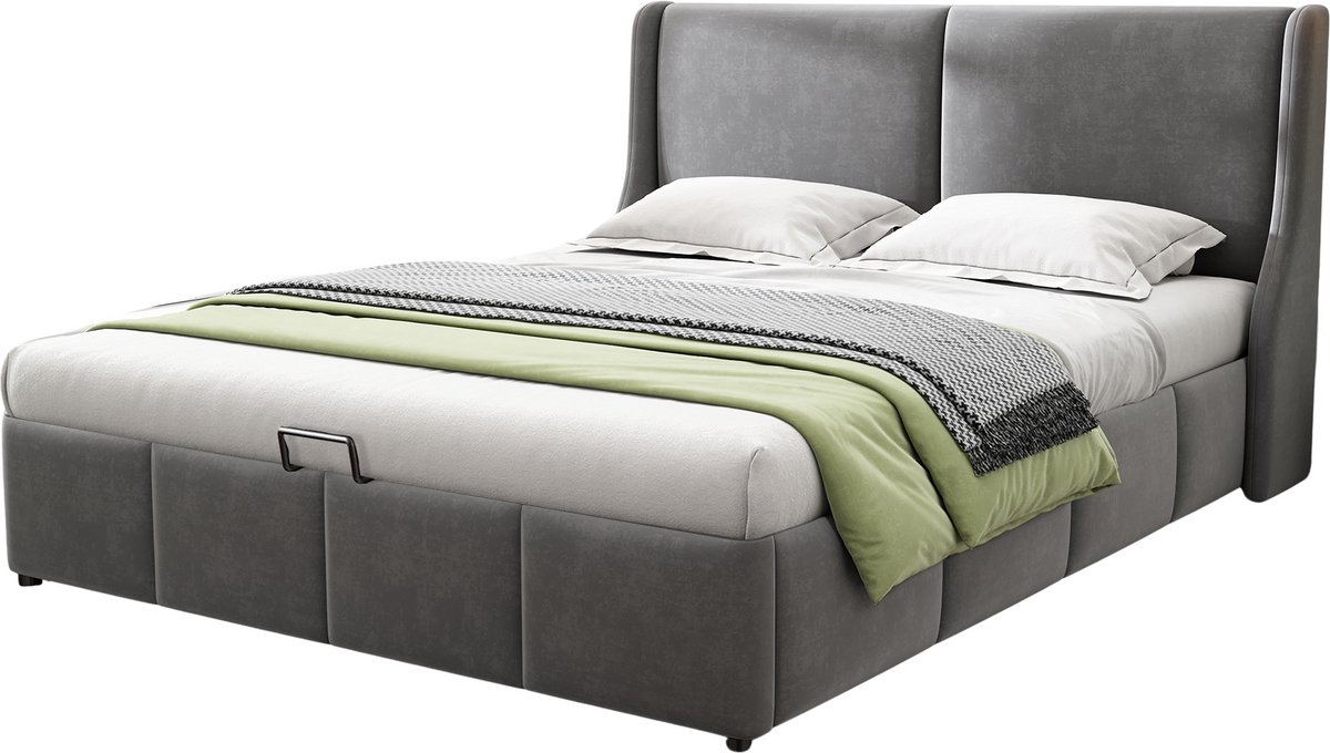 Merax Gestoffeerd Bed 140x200 cm met Hydraulische Opbergruimte en Kussenhoofdsteun - Fluweel in Grijs - Slaapbank