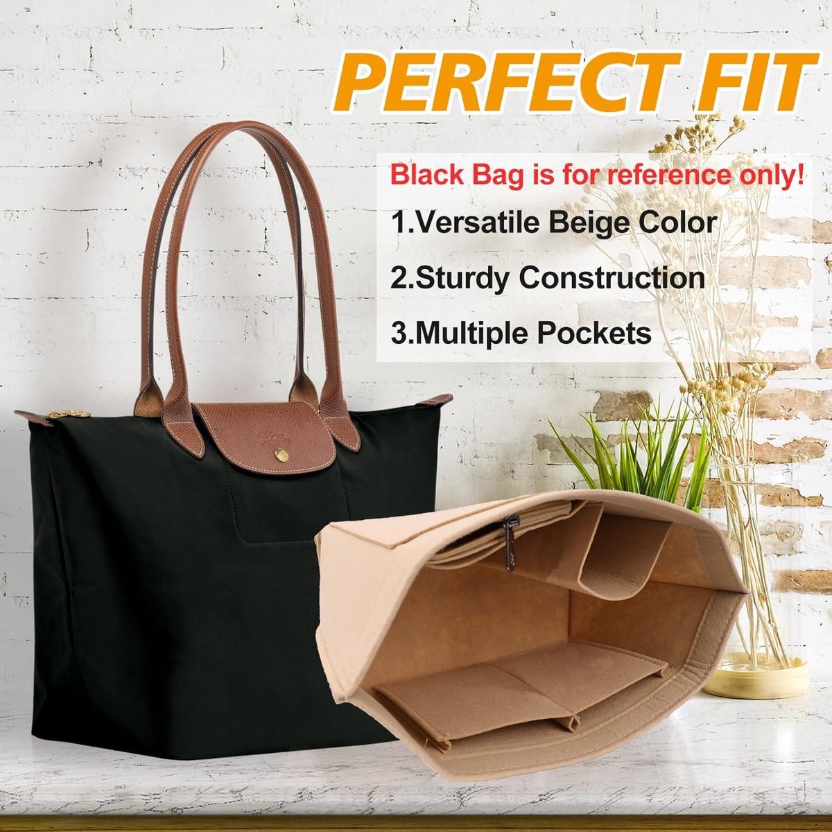 Handtas, organizer, 2-in-1 tas in tas, inzetstuk met ritssluiting, vilt, handtassen, organizer, cosmeticatas met afneembare tas en sleutelhanger, voor dames, beige, medium