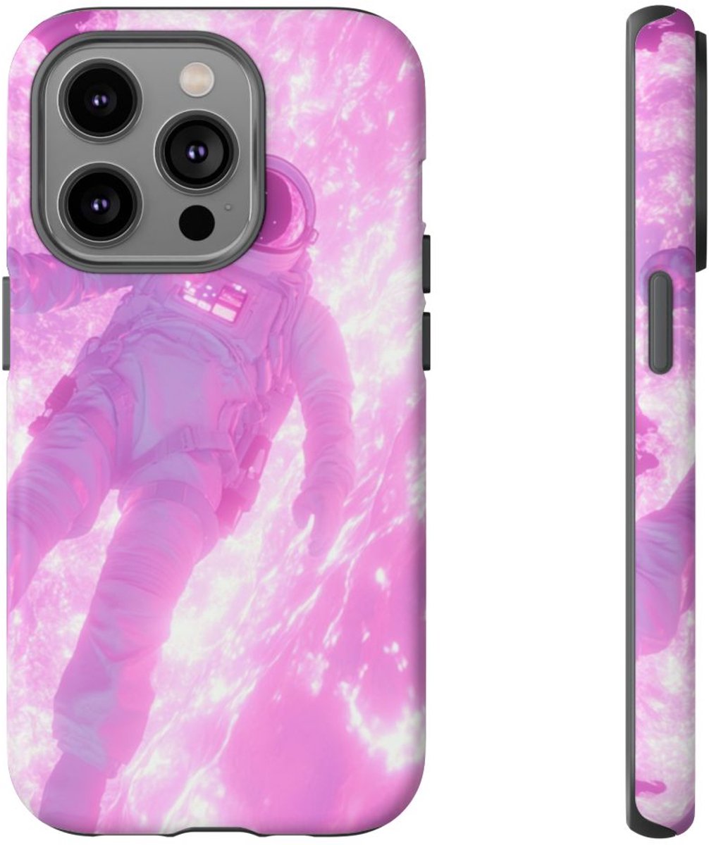Astronaut Zwevend bij Roze Plasmastroom – Telefoonhoesje Geschikt voor iPhone 14 Pro