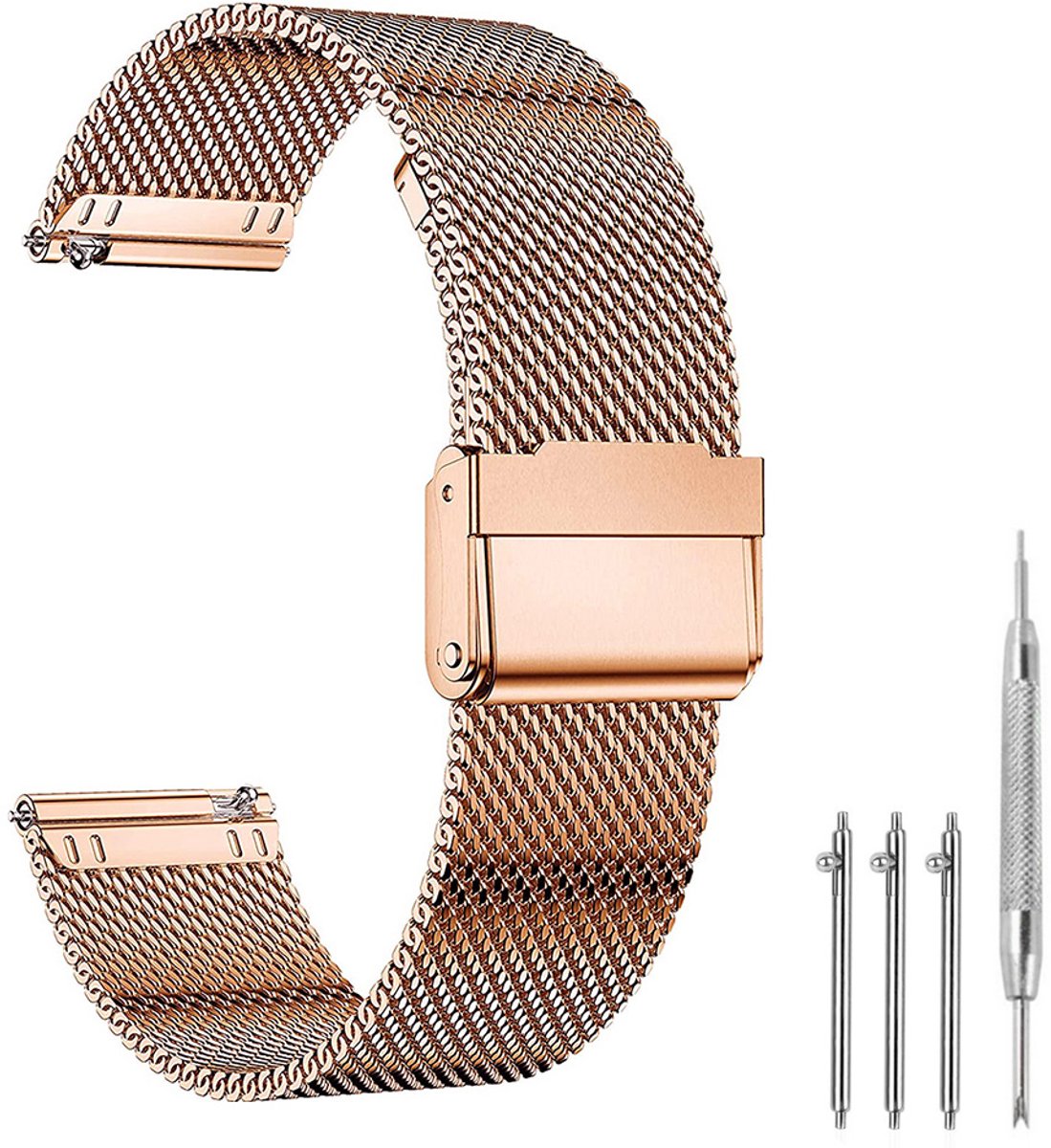 Premium Milanese Mesh Horlogeband - 22mm - Roestvrijstalen RVS Band Met Interlock Veiligheidssluiting - Universeel Verstelbaar Polsbandje (167-252mm) - Geschikt Voor Smartwatch Traditioneel Horloge - Roségoud - Incl. Snelsluiting En Gereedschap