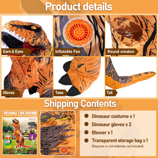 Nabila Opblaasbaar dinosauruskostuum voor volwassenen, opblaasbaar dinosauruskostuum, Halloween, opblaasbaar kostuum, rollenspel, feest, kerstkostuum, voor 150-190 cm