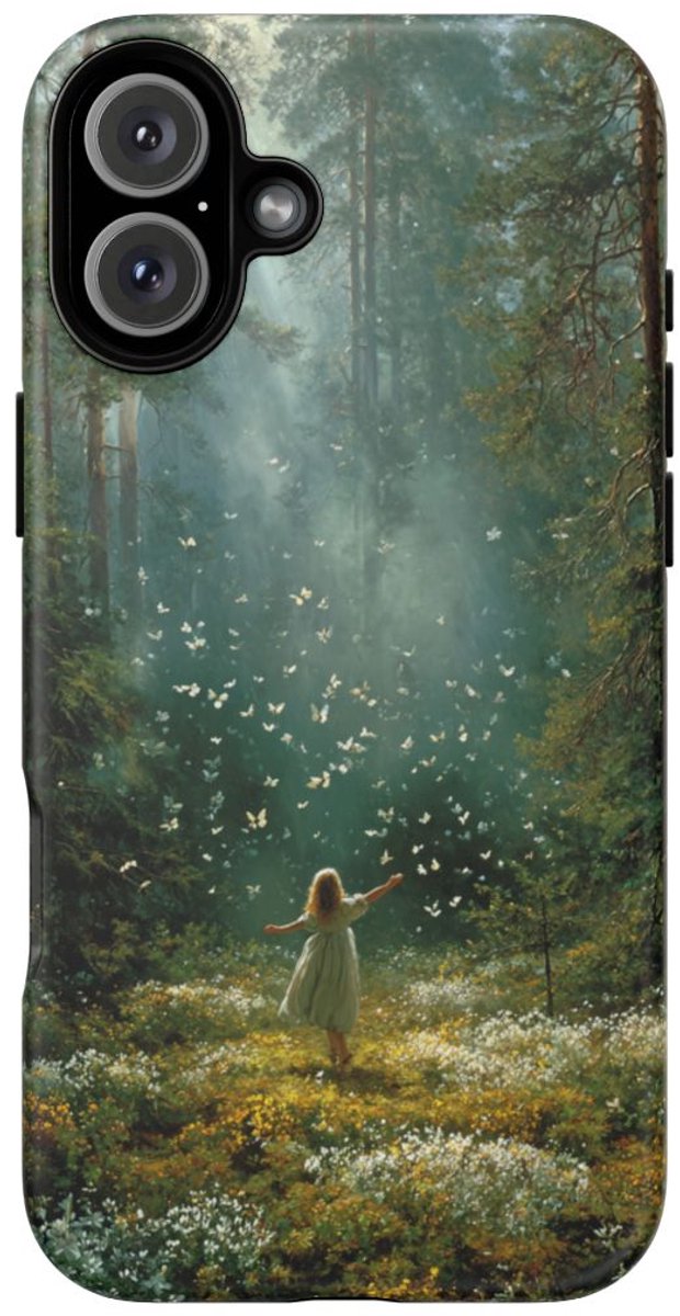 Meisje in Zonovergoten Bos met Vlinders – Telefoonhoesje Geschikt voor iPhone 16 Plus