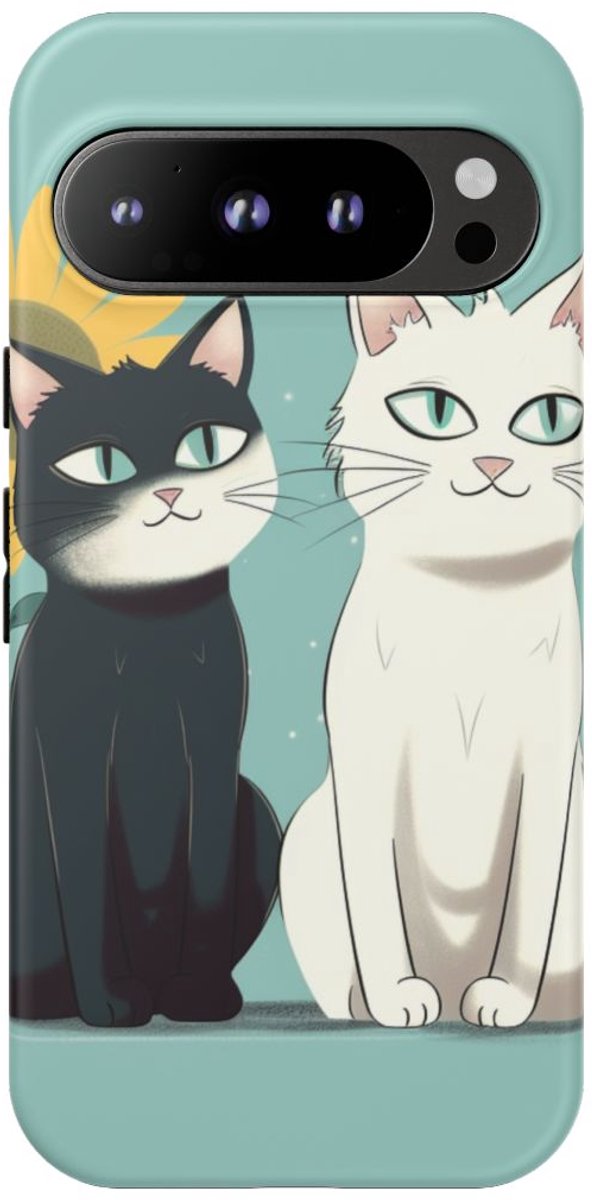 Twee Cartoonkatten met Zonnebloem – Telefoonhoesje Geschikt voor Google Pixel 9 Pro
