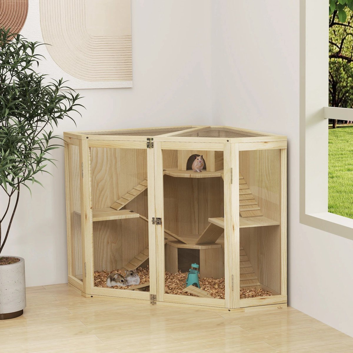 Knaagdierkooi Houten Kooi Hamsterkooi Caviakooi Knagerhuisje – 4 Verdiepingen – Natuurlijk Vurenhout – Ruim Speelparadijs