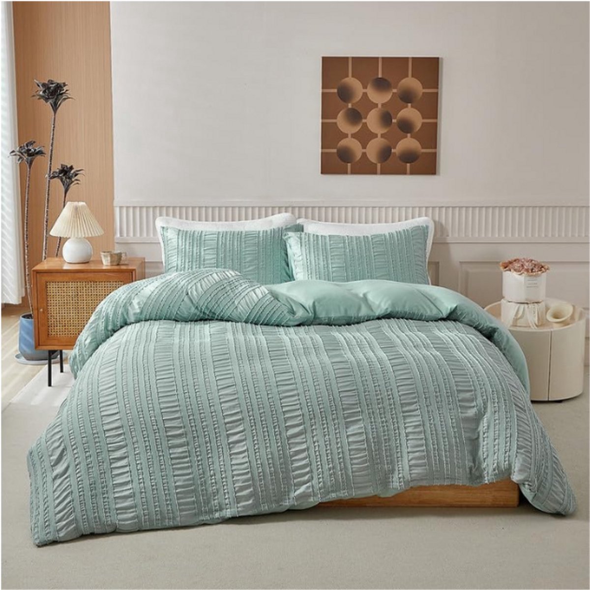 Thuys – Seersucker Beddengoed – Groen – 135 X 200 Cm – Lichtgroen – Zachte Microvezel Dekbedovertrek – Met Ritssluiting – 1 Kussensloop – 80 X 80 Cm