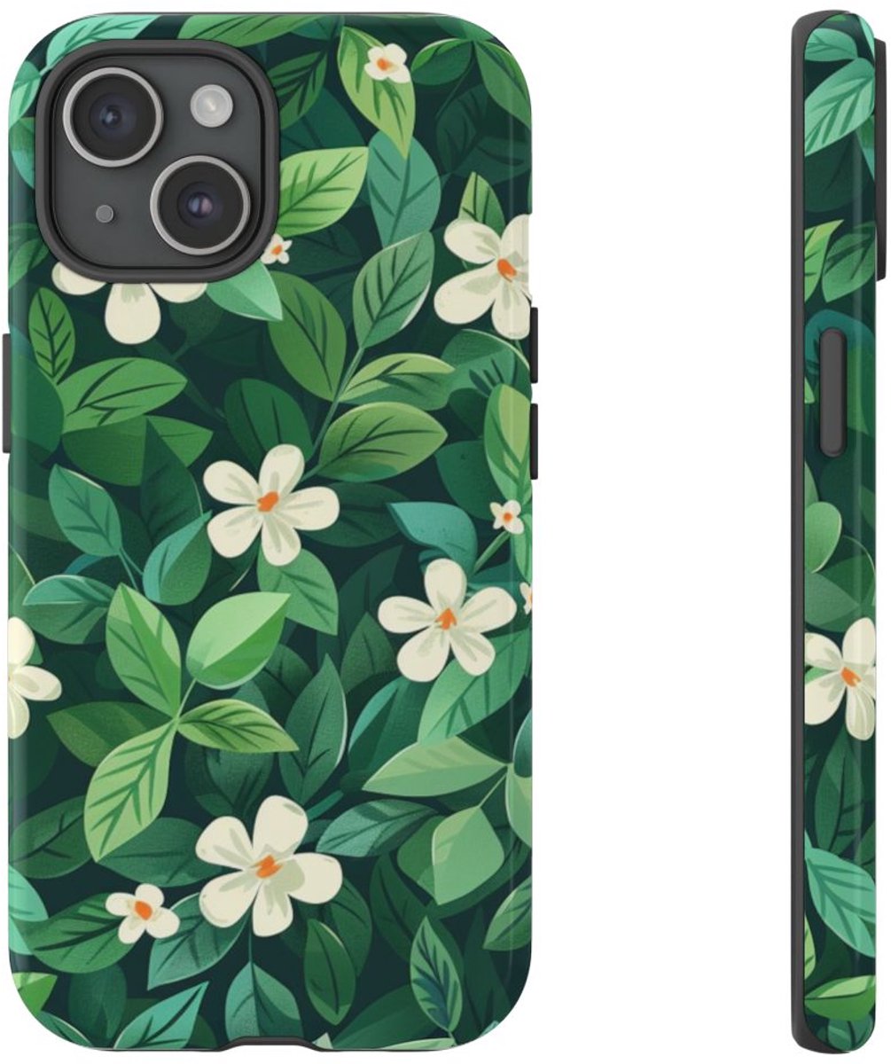 Groene Bladeren en Witte Bloemenpatroon – Telefoonhoesje Geschikt voor iPhone 15