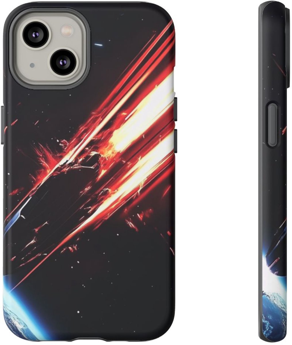Vurige Meteoor Richting Blauwe Planeet – Telefoonhoesje Geschikt voor iPhone 14