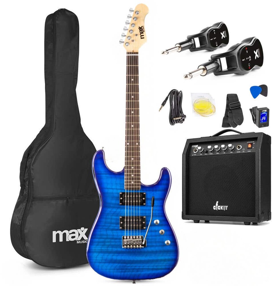 MAX GigKit draadloze elektrische gitaar set - Met zender en ontvanger - Complete starterset - 4/4 - Blauw