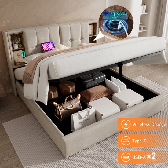Bed 140 X 190 Met Lattenbodem, Tweepersoonsbed Gestoffeerd Met Hydraulische Hendel Led Verlichting Aan Het Voeteneinde Fluweel Beige 1 Bed 140 X 190 Met Lattenbodem, Tweepersoonsbed Gestoffeerd Met Hydraulische Hendel Led Verlichting Aan Het Voeteneinde Fluweel Beige 1