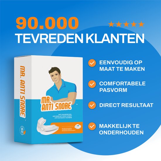 Doos van Mr. Anti Snore met een man in een blauw shirt. Text: "90.000 TEVREDEN KLANTEN", "EENVOUDIG OP MAAT TE MAKEN", "COMFORTABELE PASVORM", "DIRECT RESULTAAT", "MAKKELIJK TE ONDERHOUDEN"