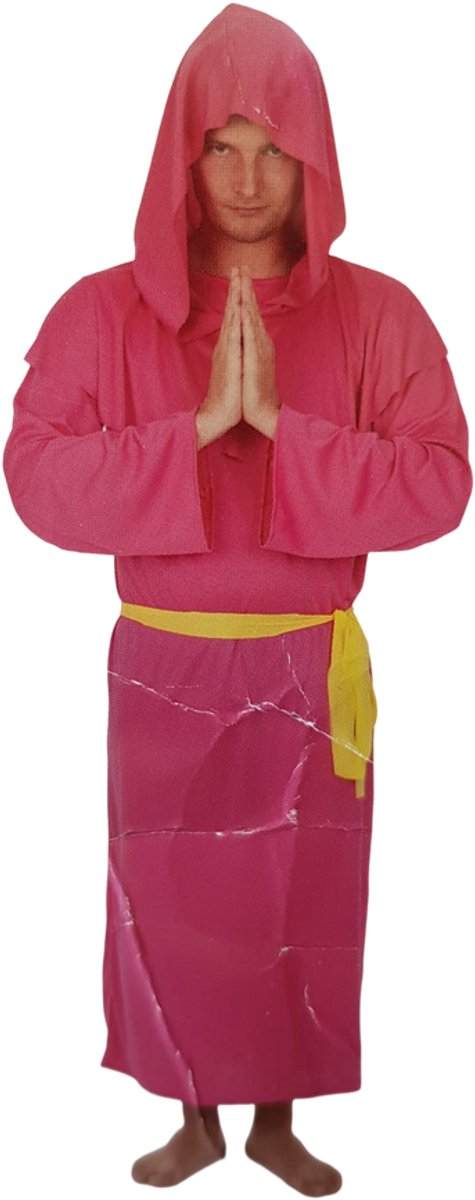 Erotisch Roze Monik Verkleedkostuum Heren – Roze Jurk met Capuchon & Gele Riem – Maat S