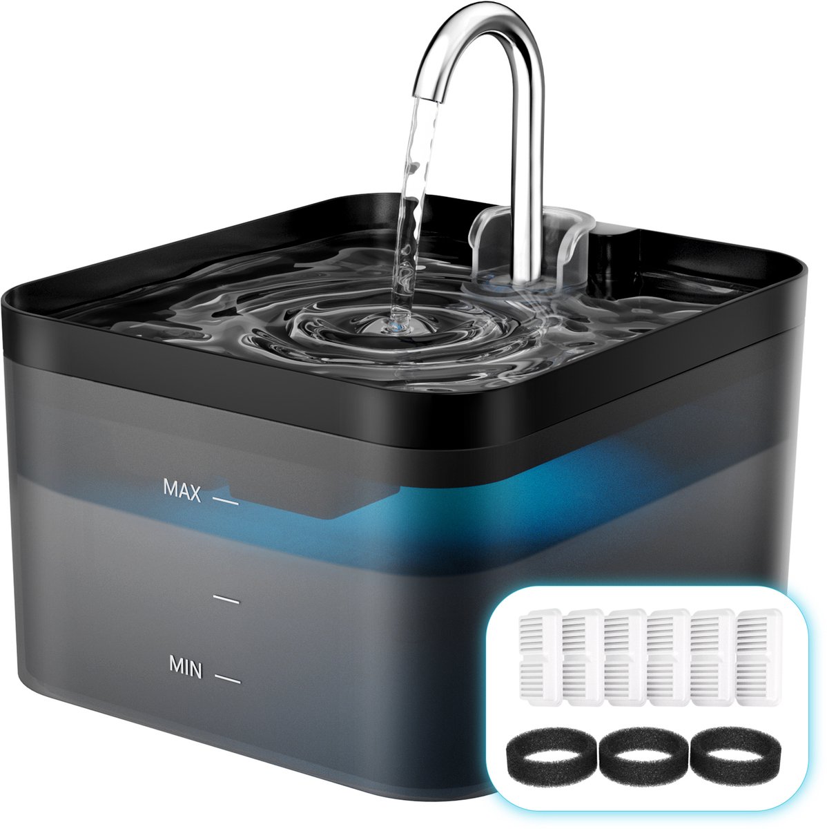 PAWPOLL Max Drinkfontein - Waterfontein voor Hond en Kat - 2,2L - Dieren Drinkbak - Incl. 6 Filters en 3 Sponzen - Zwart