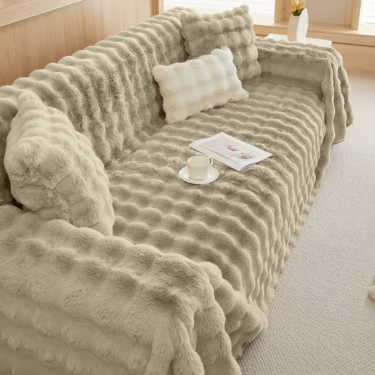 Qelus Bankhoes - 1-delige Pluizige Sofahoes – Zachte Konijnenbont Stijl – Dikke Bankhoes voor Stoelen, Banken of Bed – Warm Winterhoes voor Woonkamer & Slaapkamer (L180* B230cm) - Kaki