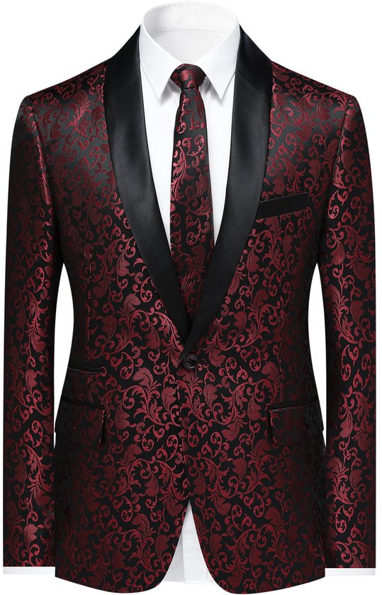 Heren colbert met zwart satijnen revers, rood bloemenpatroon, witte blouse en bijpassende stropdas.