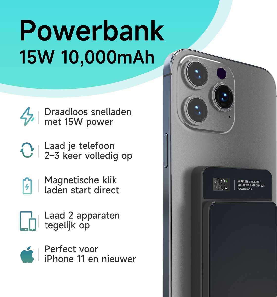 Sophitech Powerbank 10000mAh – Draadloze Snellader 15W – MagSafe Compatibel – USB-A/USB-C & Type-C In/Output – LED Display – Geschikt voor iOS/Android – Universele Powerbank – Compact & Draagbaar – Inclusief Snellaad Kabel — cadeau in Elektronica - foto 4