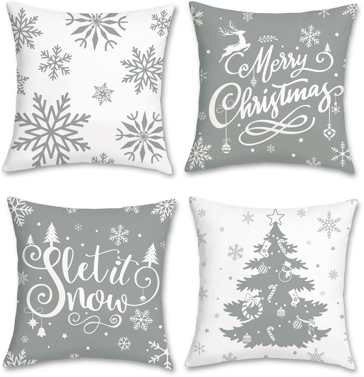 Ibenzoa Set van 4 decoratieve kussenslopen voor winterse kerstdecoratie met sneeuwvlokmotief grijs wit