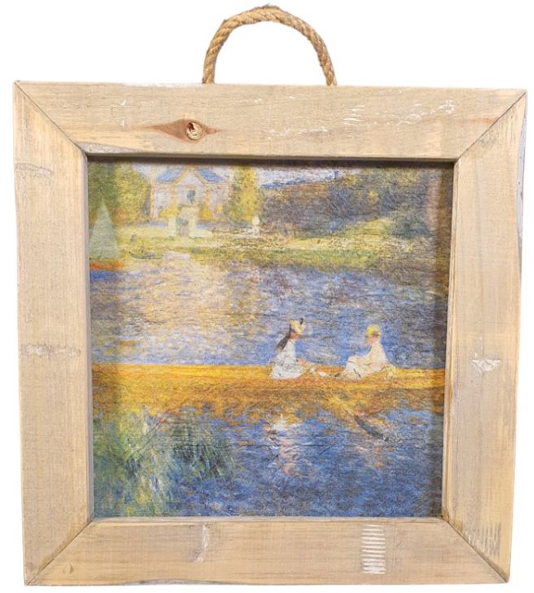 Houten wandtegel met Renoir, the Skiff – in een decoratief houten lijstje in de bekende Dutch Mood stijl - 22 x 22 x 3.5 cm