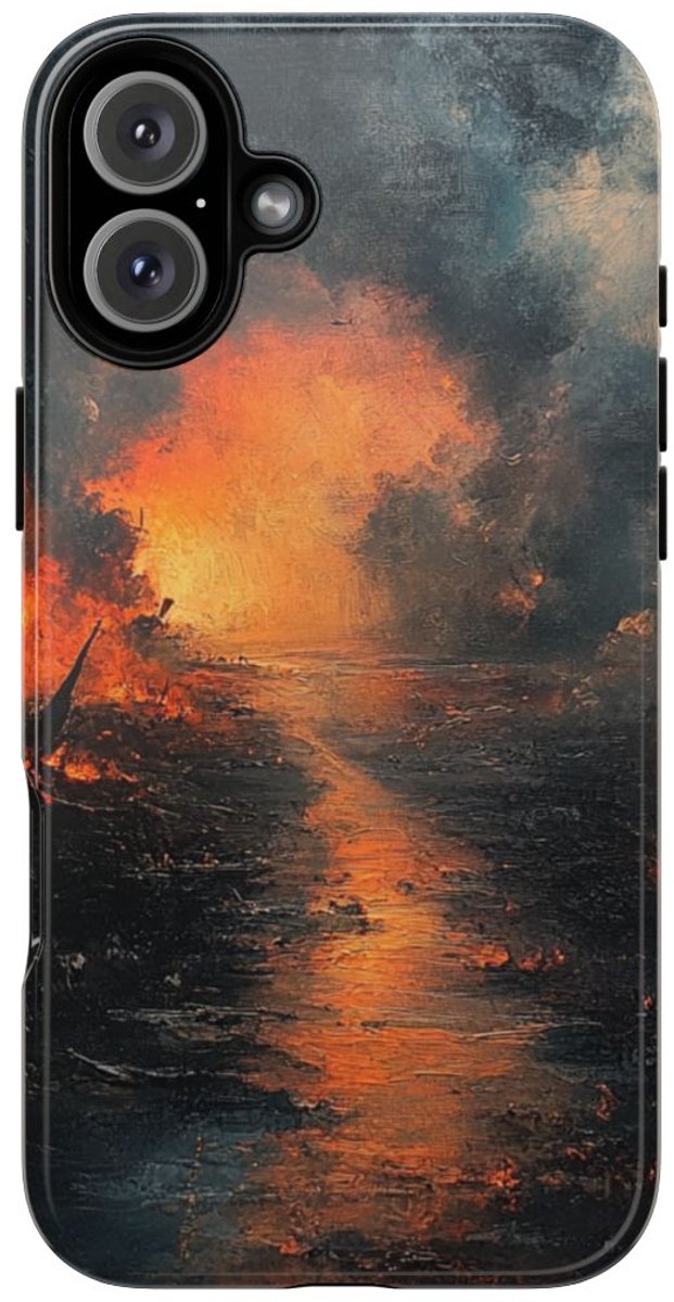 Vurige Oorlogslandschap met Rook – Telefoonhoesje Geschikt voor iPhone 16 Plus
