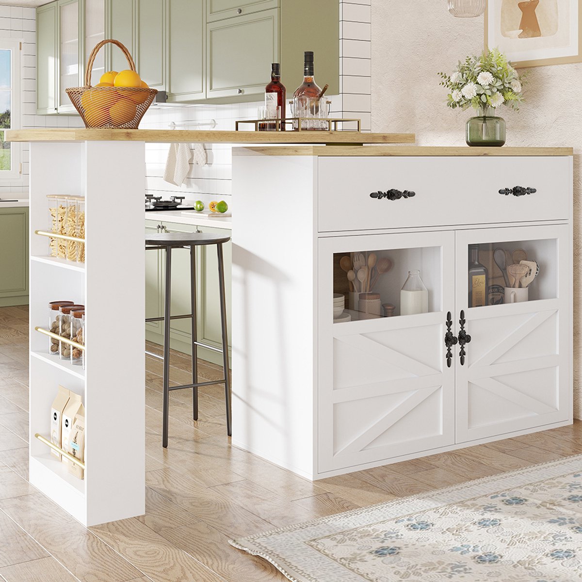 Pugsdrly Uitschuifbare bartafel met opbergruimte (138-204 × 39 × 104 cm), 360° draaibaar tafelblad, moderne en verplaatsbare bartafel, hoge keukentafel, bistrotafel, buffetkast met planken, wit