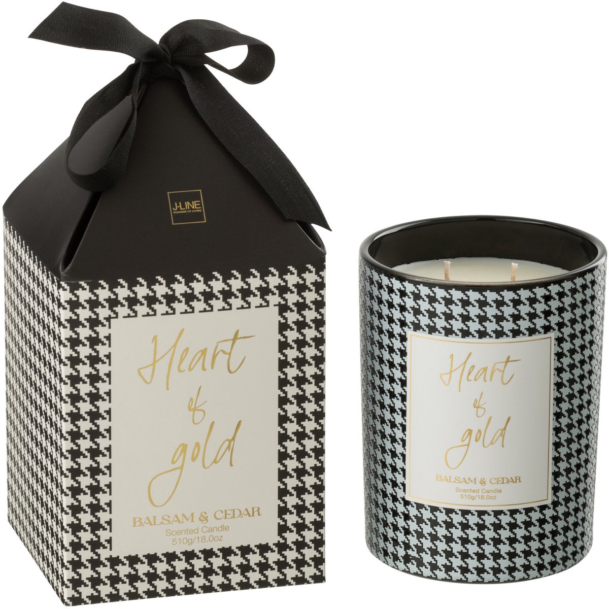 J-Line geurkaars Heart Of Gold - Balsam & Cedar - glas - wit/zwart - large Wit - Zwart
