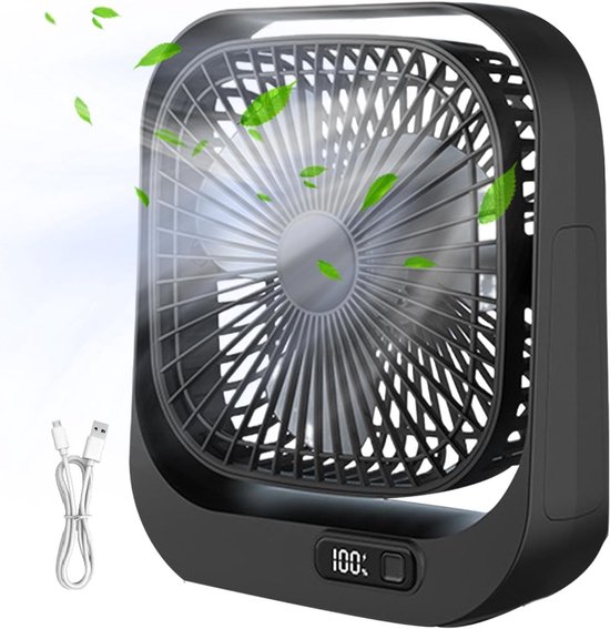 Mini Draagbare Tafelventilator Zwart – Stil, Lichtgewicht, 3 Snelheden, 360° Verstelbaar, USB Oplaadbaar, LED Display