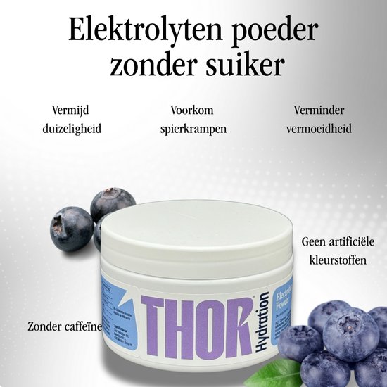 Wit potje Thor Hydration elektrolyten poeder met bosbessen, tekst 'elektrolyten poeder zonder suiker'.