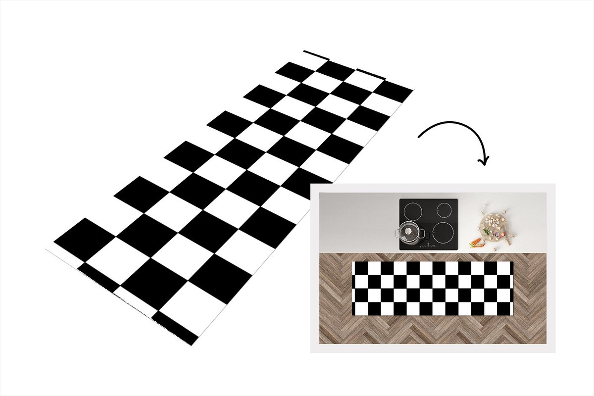 KitchenYeah Keukenloper 180x60 cm - Keukenmat vinyl Schaakbord - Patronen - Zwart Wit - Keukenmatten loper - Keuken vloerkleed tapijt