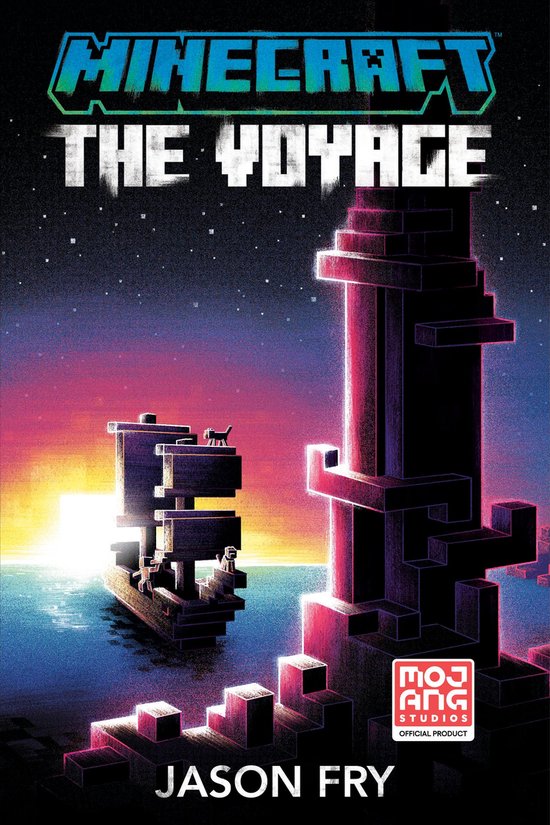 Boekomslag van 'Minecraft: The Voyage' met een pixelachtig schip op zee bij zonsopgang, met de Minecraft-logo's en auteur.