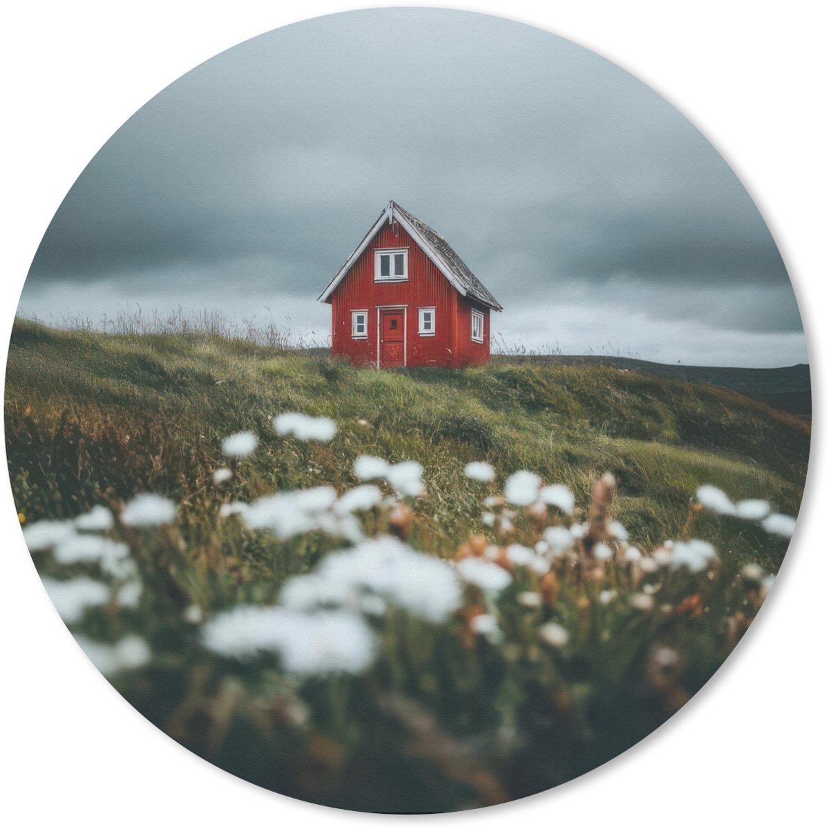 Muismat rond 40x40 cm - Mousepad Heuvel - Huisje - Bloemen - Wit - Ronde muismatten