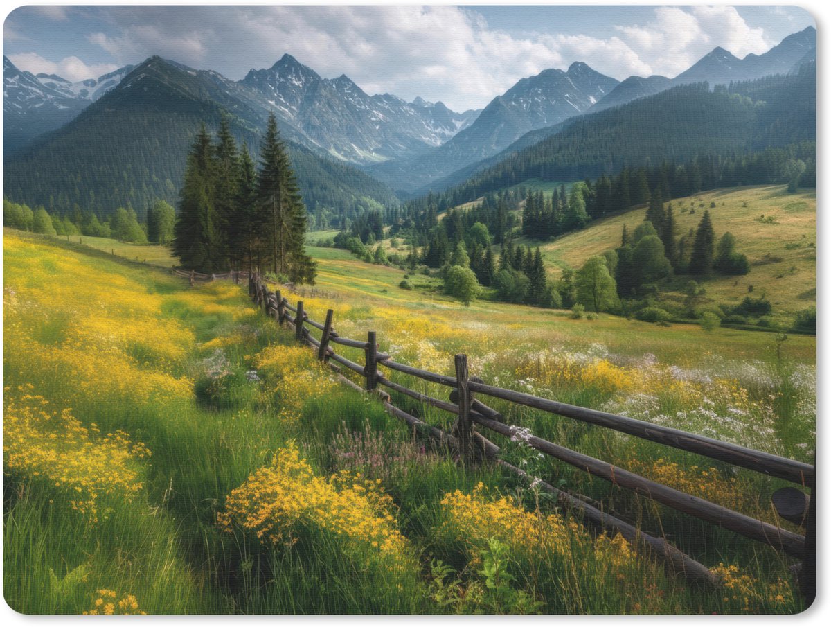 Muismat 23x19 cm - Mousepad Veld - Hek - Bergen - Bloemen - Muismatten