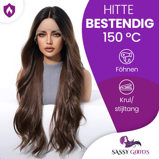 Vrouw met lang, golvend, donkerbruin haar. Hittebestendig tot 150°C, föhnen, krul-/stijltang.