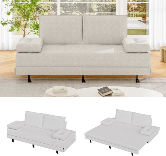 Uitschuifbare Slaapbank 90x200 tot 180x200 – 2 Persoons Sofa Bed – Ruimtebesparend – Wit Linnen – Comfortabel & Modern Design