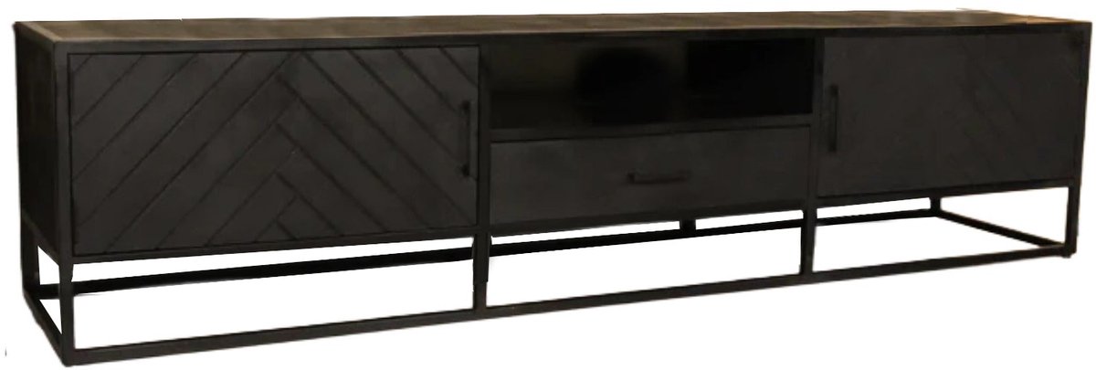 TV meubel industrieel mangohout Danae zwart visgraat 210cm tv kast duurzaam mango massief hout tv-meubel