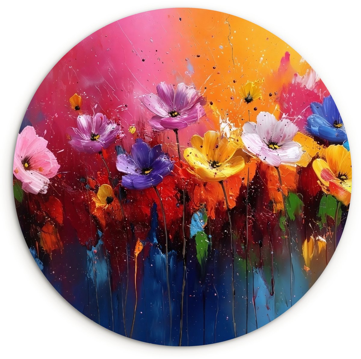 WallCircle Wandcirkel 60x60 cm - Muurcirkel Fantasiebloemen - Verf - Speels - Muurdecoratie woonkamer - Wanddecoratie slaapkamer - Kamer decoratie accessoires - Ronde schilderijen Bloemen - Verf - Kleurrijk