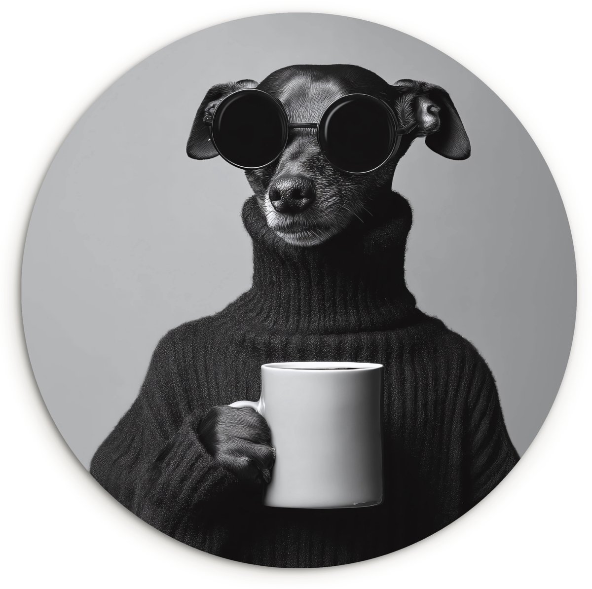 WallCircle Wandcirkel 140x140 cm - Muurcirkel Coltrui - Hond - Bril - Mok - Muurdecoratie woonkamer - Wanddecoratie slaapkamer - Kamer decoratie accessoires - Ronde schilderijen Hond - Mok