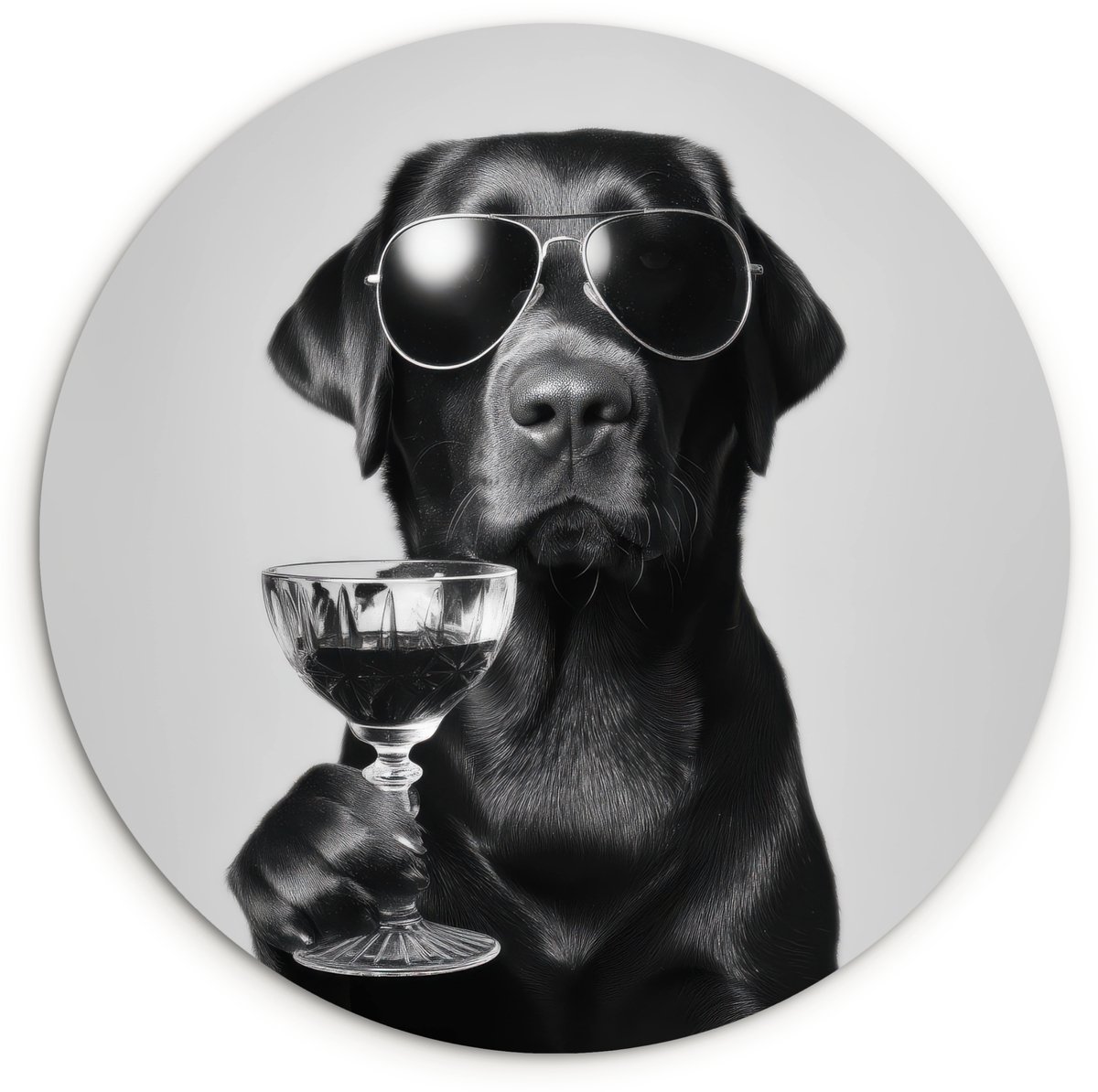 WallCircle Wandcirkel 90x90 cm - Muurcirkel Hond - Zwart - Wijnglas - Zonnebril - Muurdecoratie woonkamer - Wanddecoratie slaapkamer - Kamer decoratie accessoires - Ronde schilderijen Hond - Zonnebril - Wijnglas