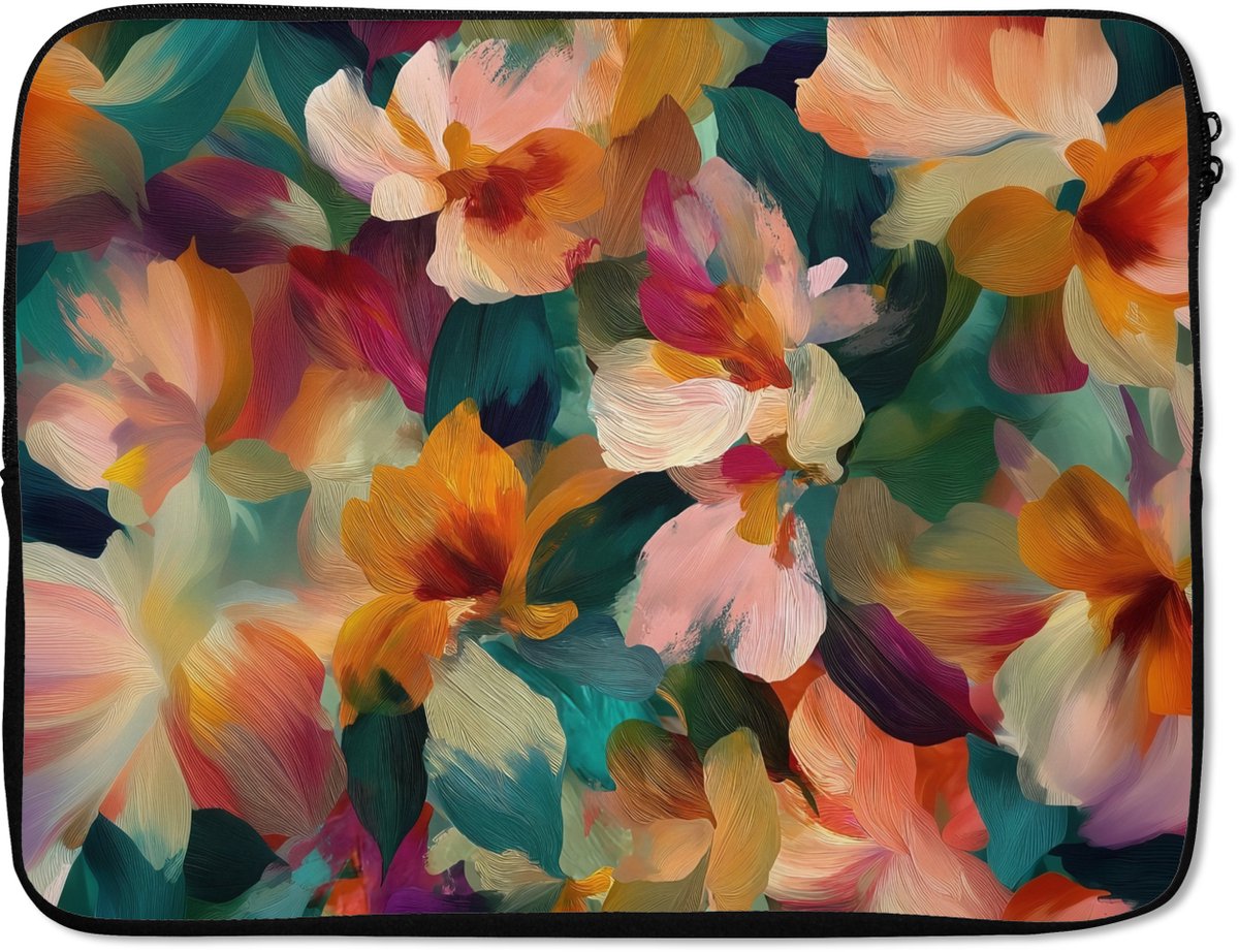 Laptophoes 17 inch - Harmonieus - Abstracte bloemen - Warme tinten - Laptop sleeve - Binnenmaat 41x28 cm - Zwarte achterkant