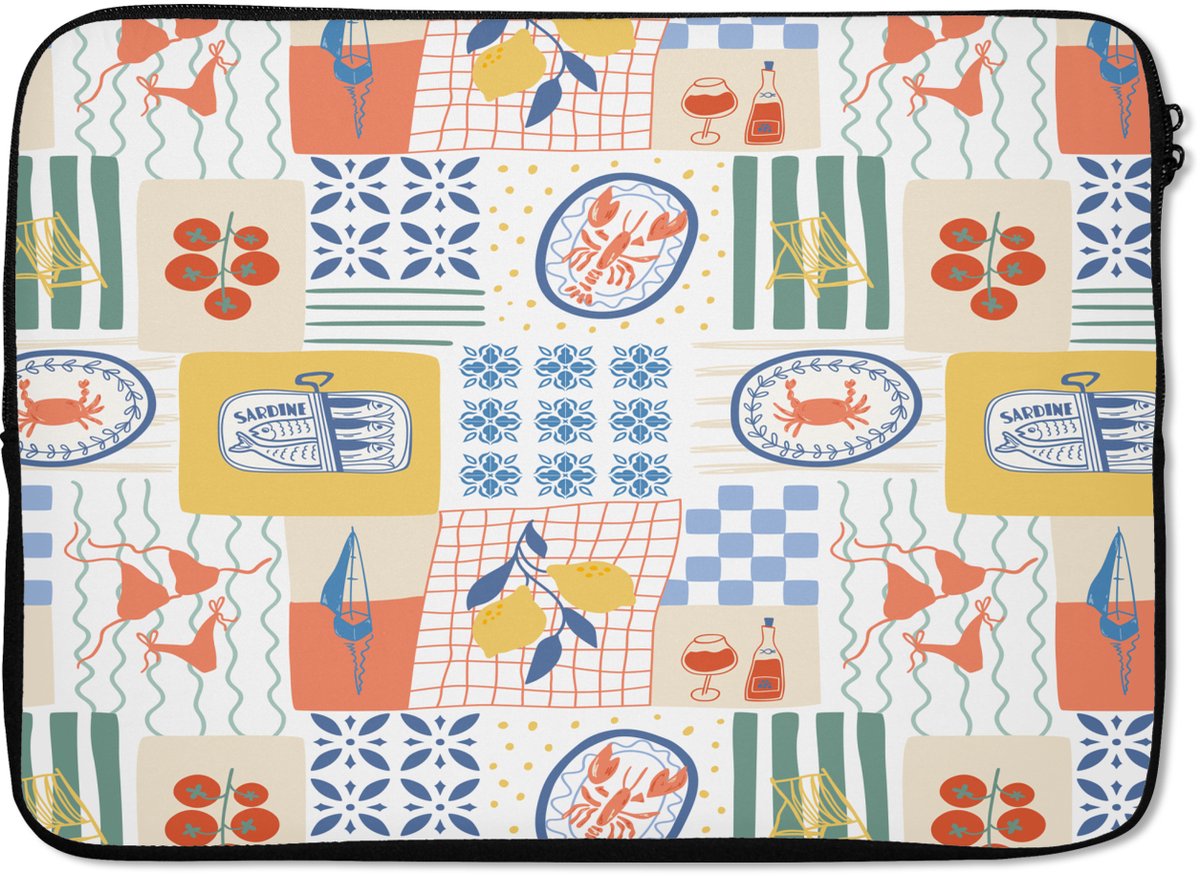 Laptophoes 13 inch - Zee - Sfeer - Mozaïek - Wijn - Laptop sleeve - Binnenmaat 32x22,5 cm - Zwarte achterkant