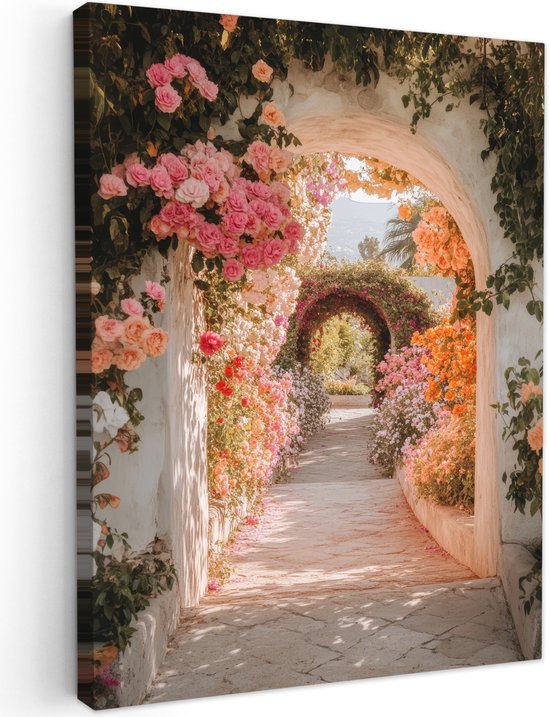 Tuinschilderij voor buiten 50x70 cm - Tuindecoratie Doorkijk - Boog - Bloemen - Pastel - Tuinposter op canvas - Tuin muurdecoratie - Buitenschilderij decoratie - Schutting wanddecoratie - Buitencanvas