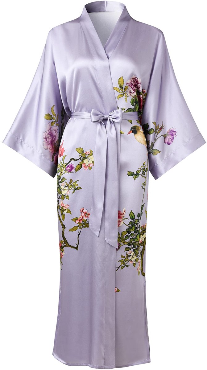 Dames Kimono Badjas - 100% Zijde - Klassiek Bloemenpatroon - Morgenjas Nachtjapon - Lichtpaars