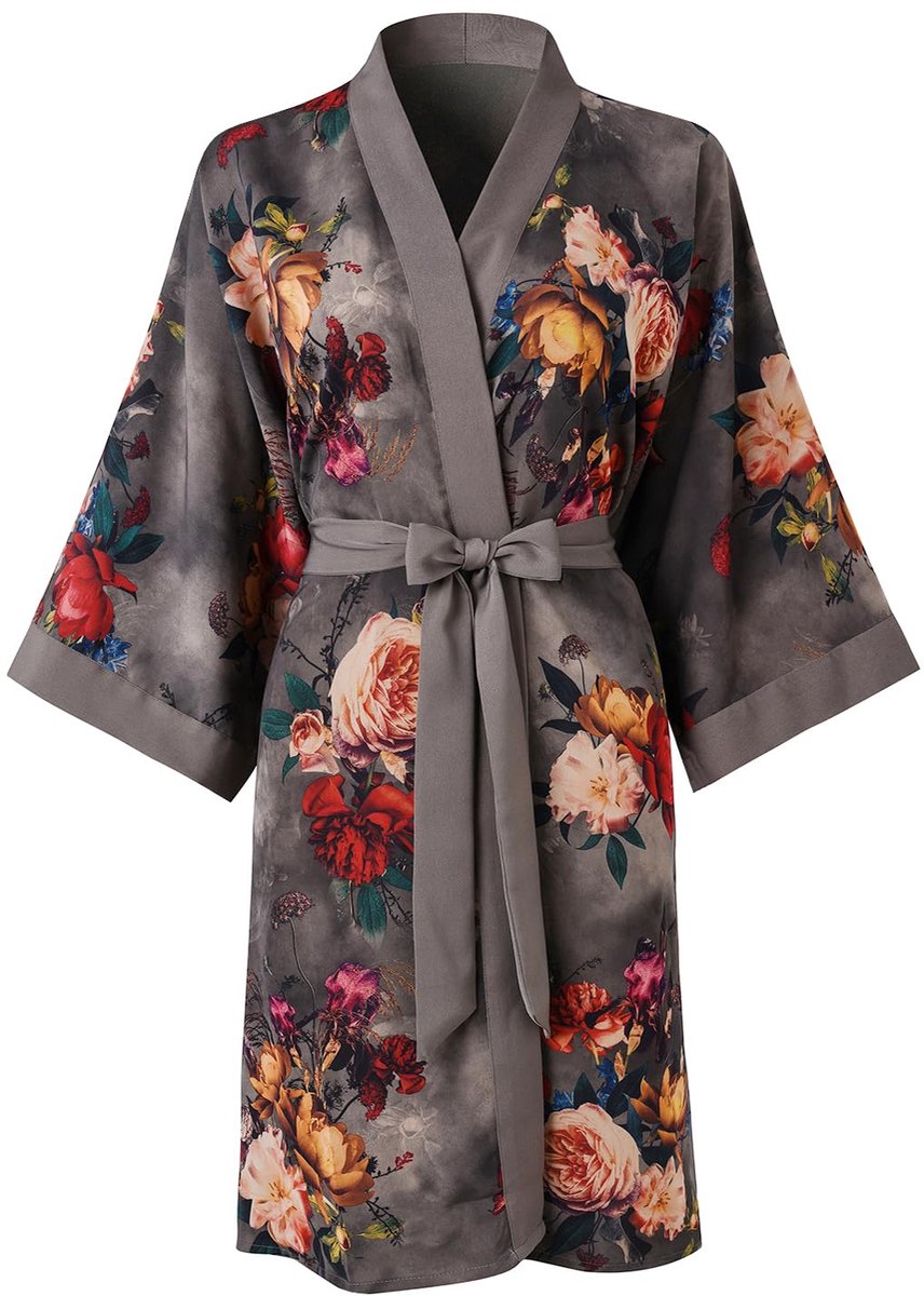 Dames Kimono Badjas Nachthemd - Kort - Zwartgrijs