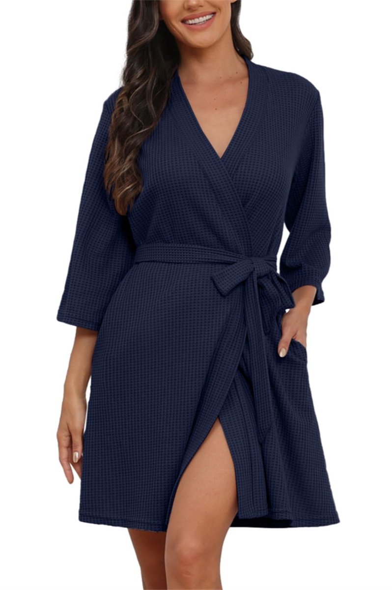 Dames Kimono Badjas - Lichtgewicht Wafelstof - Kort - Met 3/4 Mouwen - Voor Reizen, Sauna en Loungewear - Marineblauw, XL