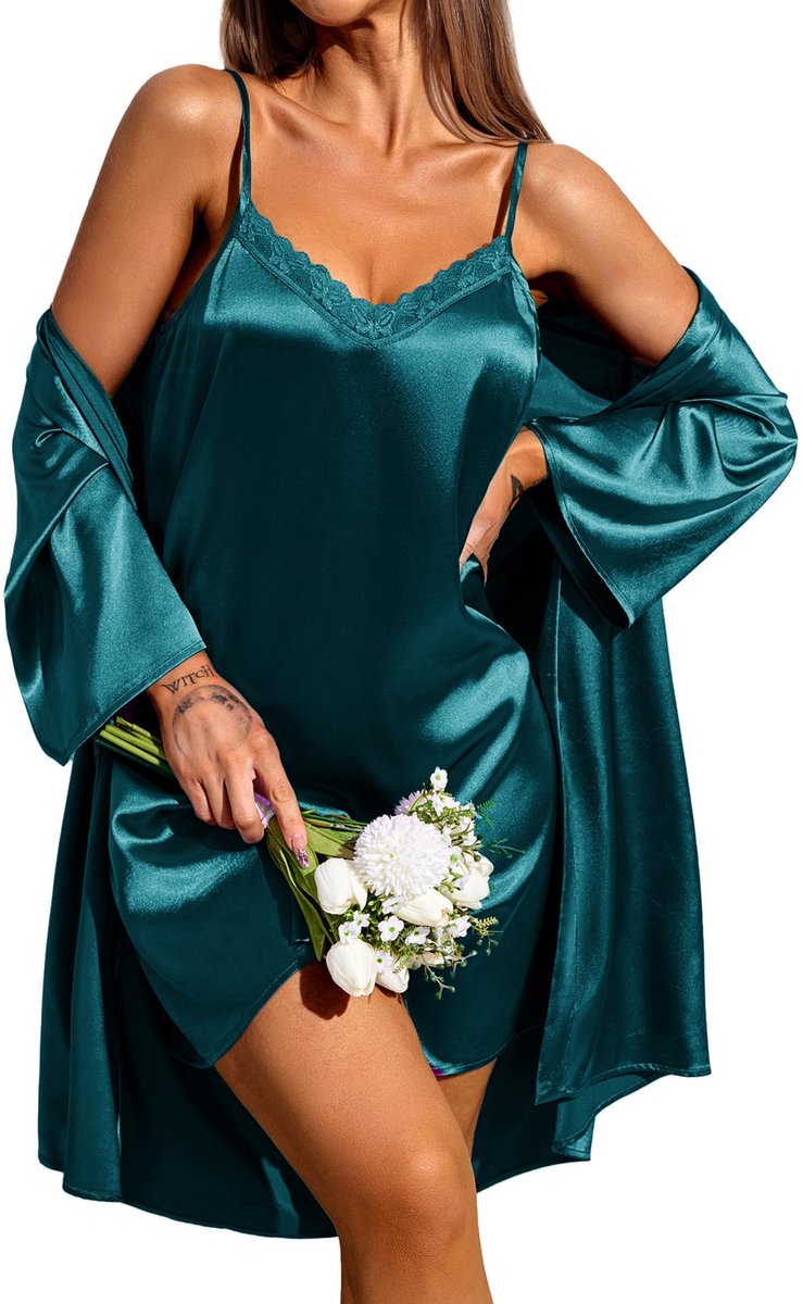 Tweedelige Nachthemd en Badjas Set - Mouwloos Nachthemd en Badjas met 3/4 Mouwen - Dames - Groen Maat M