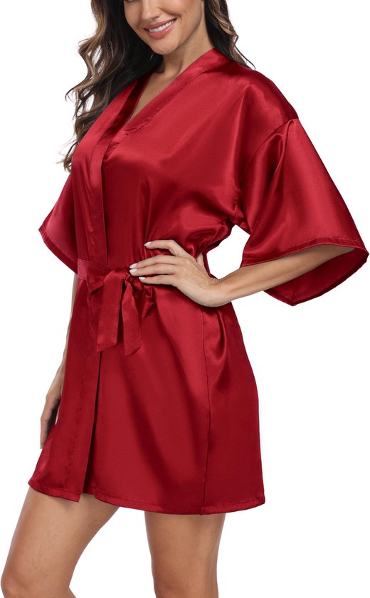 Trek Forte Dames Satijnen Kamerjas Kimono Kamerjas Korte Badjas Bruidsmeisjes Nachtkleding Zomer Met Riem V-hals