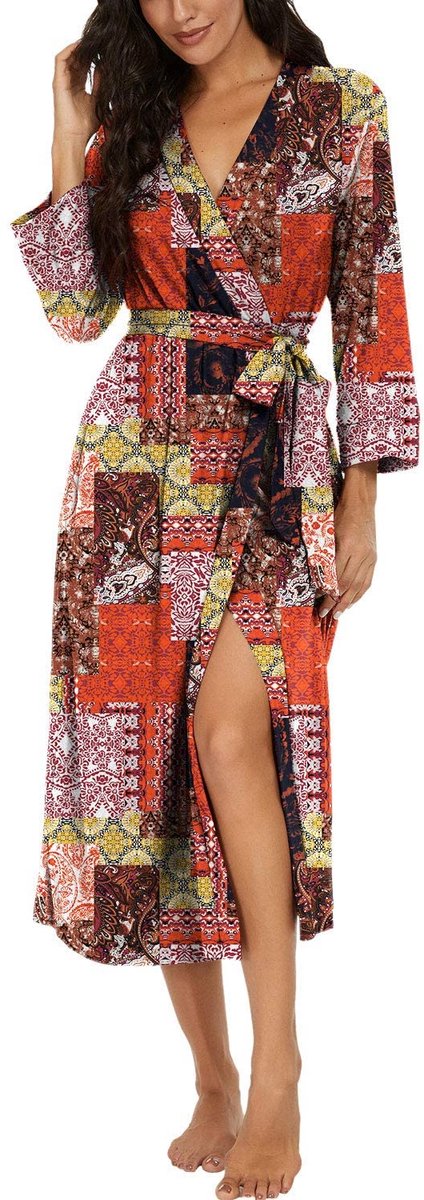 Dames Badjas Kimono - Lichtgewicht Lang Zacht Gebreid met V-hals - Voor thuis en wellness - Meerkleurige Blokken Maat L