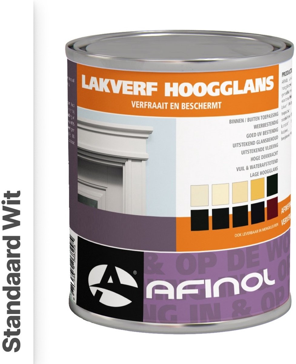 Afinol Hoogglans Lakverf Standaard Wit 750 ml - Lak - Houtlak - Houtverf - Voor Binnen en Buiten - geschikt voor hout, metaal en kunststof