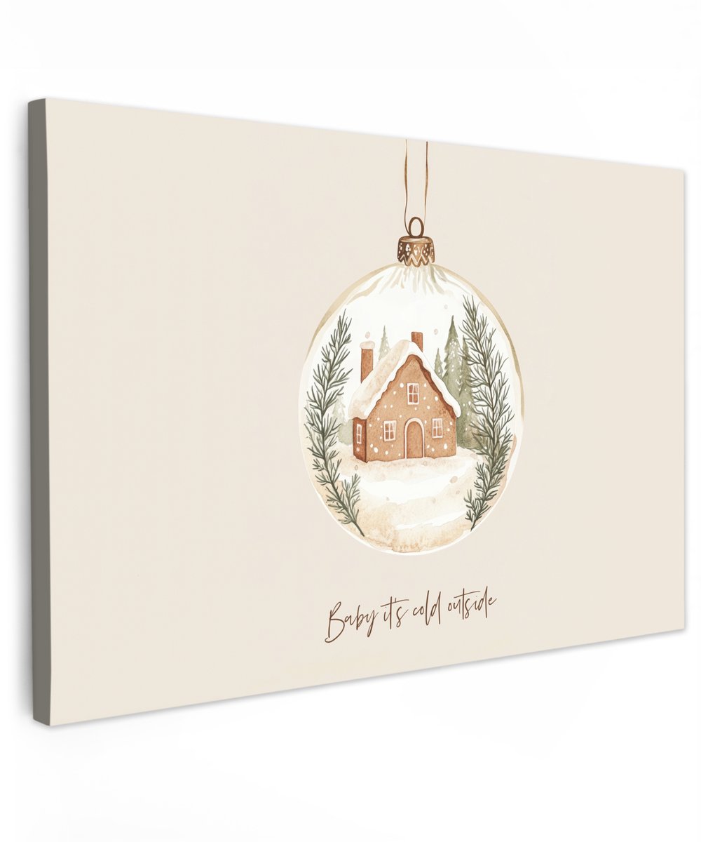 Tuindecoratie met winterse Kerst quote en beige Kerstbal, 90x60 cm canvas, geschikt voor buiten.