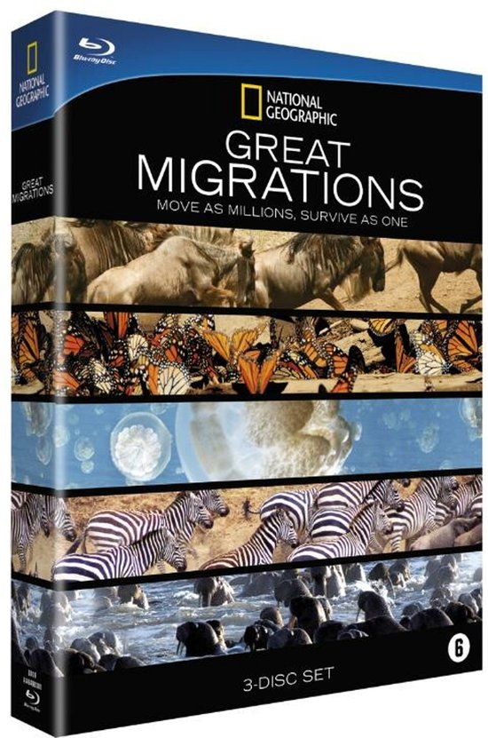 National Geographic Great Migrations 3-disc set met beelden van wildebeesten, vlinders, kwallen, zebra's en olifanten.